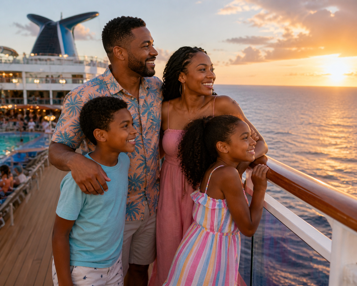 Carnival vs Royal Caribbean couple enjoying Caribbean cruise vacation deck pool ocean
