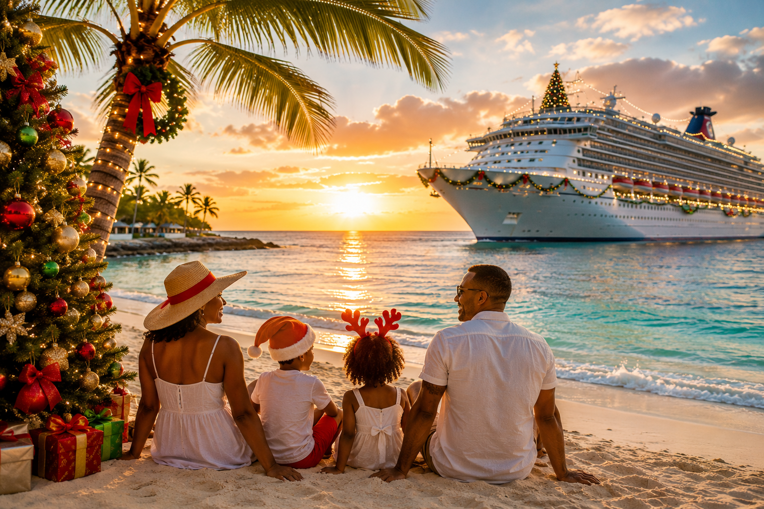 Christmas vacation ideas 2026 Caribbean cruise ship holiday decorated festive warm beach family