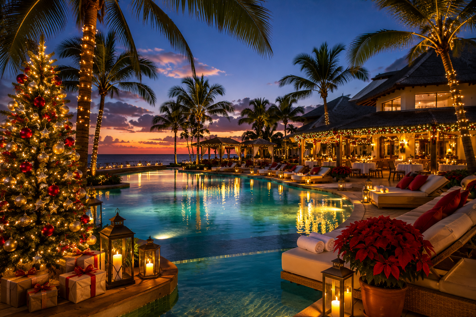Christmas vacation ideas 2026 all-inclusive resort Caribbean holiday dinner luxury pool festive