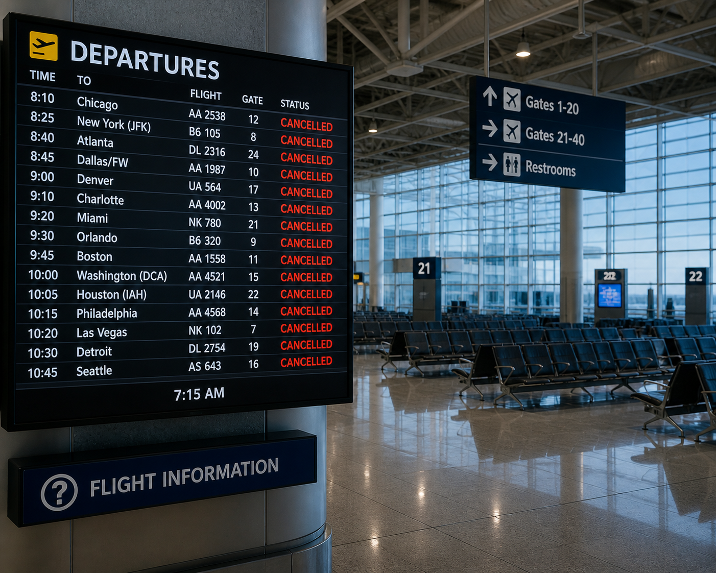 Spirit Airlines shutdown cancelled flights airport empty terminal passengers stranded 2026