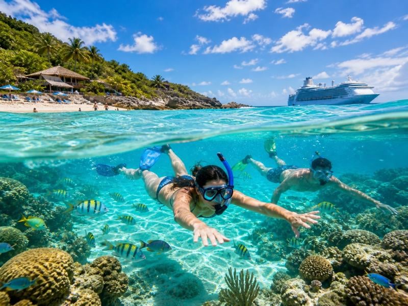 Caribbean cruise shore excursion snorkeling first-timers beach island clear water tropical adventure
