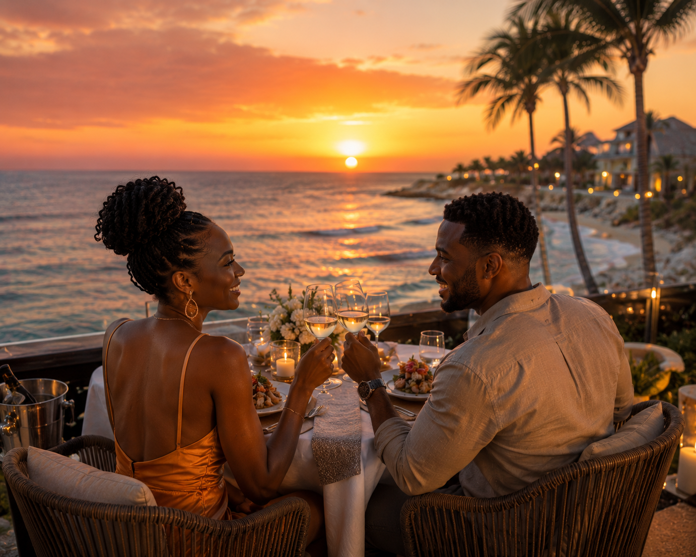Sandals vs Secrets resort 2026 beachfront dining romantic dinner sunset Caribbean couples luxury